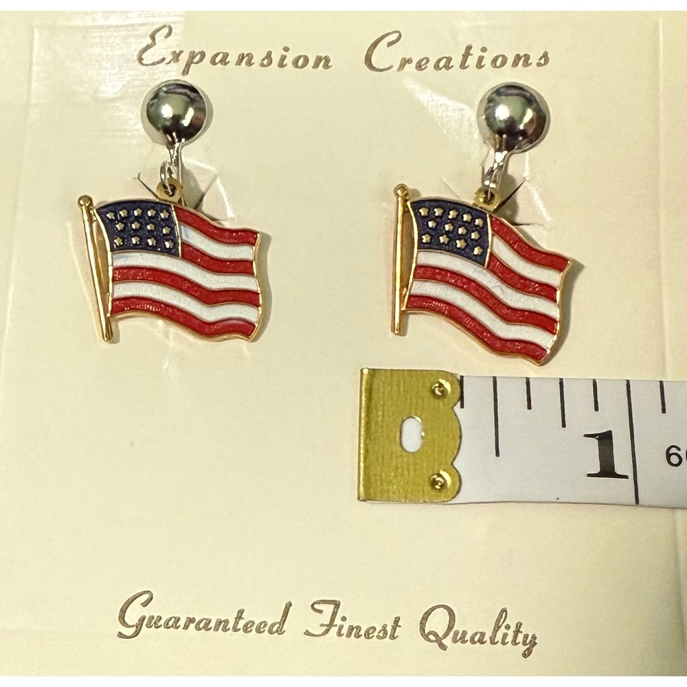 Vintage American Flag Clip On Earrings Enamel Patriotic Red White Blue